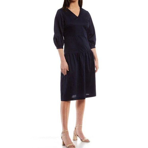 J. McLaughlin Dresses & Skirts - J. McLaughlin Navy Blue Cotton Sateen 3/4 Sleeve Drop Waist Dara Midi Dress XS